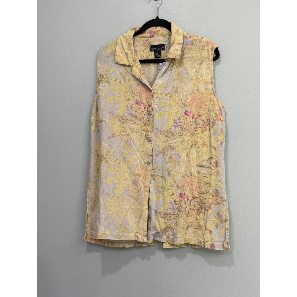 Robert Louis 100% Silk Yellow Tropical Floral Sleeveless Button Down Shirt 2X‎